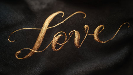 Luxurious calligraphy of the word "love" in glowing golden ink on a dark velvet background, evoking passion and elegance. Perfect for romantic and sophisticated themes.の素材
