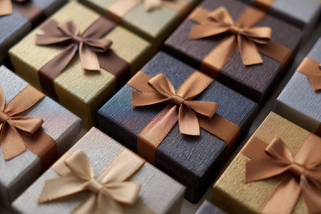 Close-up of elegant gift boxes arranged in a grid, featuring matte paper and silk bows. The subtle textures and high-end presentation highlight luxury and sophistication.の素材
