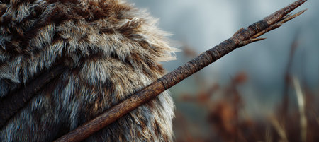 Detailed macro image showcasing the textures of a fur garment and a wooden spear, set against a blurred wilderness background, evoking a realistic paleo aesthetic.の素材