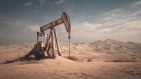 An abandoned pumpjack stands half-buried in desert sand dunes, showcasing corroded steel and peeling paint. The surrounding wasteland evokes a gritty, post-apocalyptic mood.の素材