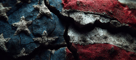 Close-up of a distressed flag with deep fissures and a worn sanctions label. Emphasizes heavy texture and a muted, gritty palette, creating a dramatic political atmosphere.の素材