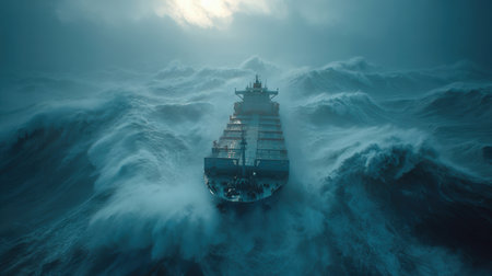 A large vessel navigates through stormy seas, with crashing waves and mist creating a cinematic and dramatic scene. The image captures the power and intensity of nature in motion.の素材