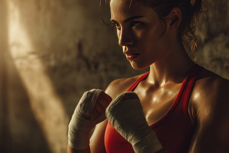 A female boxer in red sportswear wraps her hands with boxing tape, displaying a focused expression. The warm light and vintage gym setting create a cinematic sports realism.の素材