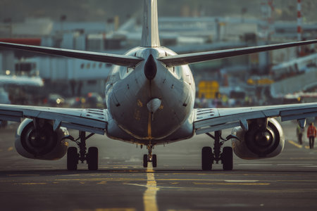 A realistic image of an airplane taxiing away from the gate with flaps extended. Ground crew and signals are visible, captured in daylight, showcasing airport operations.の素材