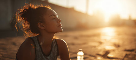 A runner enjoys a peaceful moment post-workout, practicing breathing exercises in warm sunlight. The cinematic focus highlights the serene atmosphere and relaxation.の素材