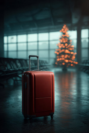 A single red suitcase stands in an empty airport lounge, with a glowing Christmas tree in the background. The dramatic lighting and moody tone evoke a theme of travel solitude.の素材