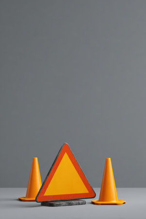 A minimalistic image featuring a warning sign and two construction cones isolated on a solid grey background. Ideal for editorial or e-learning purposes, emphasizing safety and caution.の素材