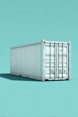 Clean 3D render of a standardized 20-foot cargo container on a solid pastel background. Features minimal shadows and crisp lines, ideal for web design or infographic use.の素材