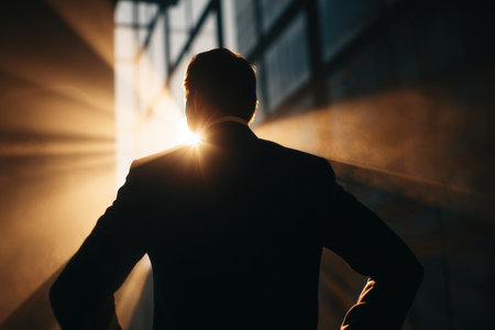 A silhouette of a confident business figure stands illuminated by morning light, symbolizing leadership and success. The cinematic photography enhances the dramatic effect.の素材