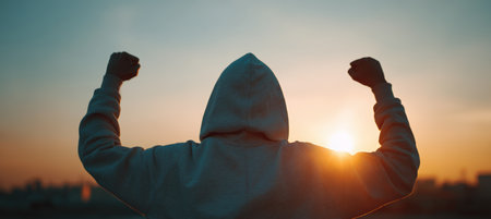 A person wearing a hoodie raises their fists triumphantly against a sunrise backdrop, symbolizing freedom and strength. The minimal composition highlights the morning light over the horizon.の素材