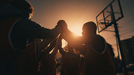 A basketball team unites in a huddle under strong sunlight, creating a motivational and cinematic sports atmosphere. The scene captures teamwork and unity before the game.の素材