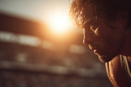 A male athlete intensely focuses before a sprint, bathed in sunlight within a stadium. The cinematic tone captures motivation and determination in a sports environment.の素材