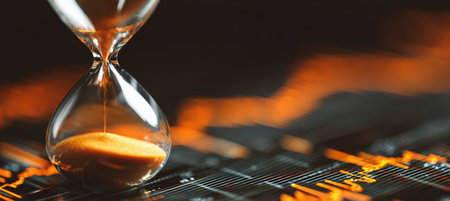 Detailed macro image of a glass hourglass placed on data graphs, featuring warm orange reflections. Represents concepts of time management, finance, and data analysis.の素材