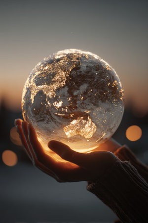 A cinematic image of a glowing world bulb held in hands, emitting a warm, soft light. This symbolic representation evokes themes of global vision and unity.の素材
