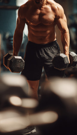 A muscular man in black shorts intensely trains with dumbbells in a gym. The background equipment is blurred, emphasizing his focus and the realism of the workout.の素材