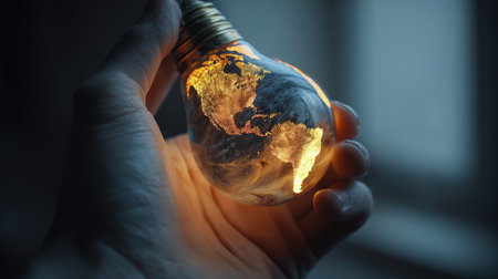A close-up image of a hand gently holding a lit bulb with continents glowing inside. The scene symbolizes environmental awareness, captured in cinematic soft lighting.の素材