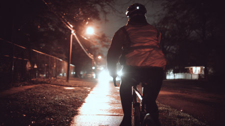 A cyclist wearing reflective gear and an LED helmet light rides through a dark bike path illuminated by ambient street lighting, creating a cinematic nighttime scene.の素材