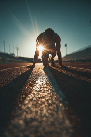 Cinematic photo of a sportsman in a crouch start pose on an athletics track. Sunlight flare and sharp shadows create a dramatic, realistic effect, capturing the essence of competition.の素材