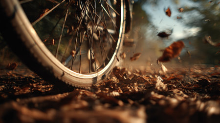 Macro close-up of a bicycle wheel rolling over dry leaves, captured in warm natural lighting. The cinematic texture and focus highlight the movement and autumn atmosphere.の素材