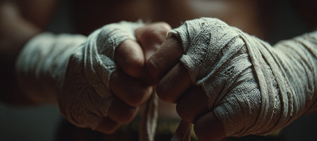 Detailed close-up shot of hands with wraps being tied around wrists, capturing the essence of boxing preparation with cinematic sports realism and focus on texture.の素材