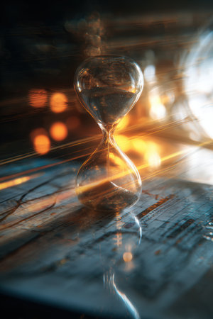 Conceptual macro image of an hourglass reflecting on a glossy desk, surrounded by blurred graphs and glowing light bokeh, creating a fine art realism effect.の素材