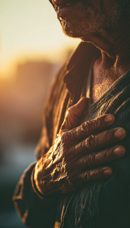 An elderly person clutches their heart area under warm sunlight, capturing an emotional moment with symbolic color contrast and cinematic realism.の素材