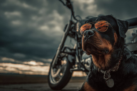 A Rottweiler wearing reflective sunglasses sits beside a motorcycle under dramatic stormy clouds. The cinematic tone and wide shot enhance the intense atmosphere.の素材