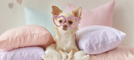 A Chihuahua wearing glitter heart-shaped glasses sits on a pile of pastel pillows, creating a soft and dreamy atmosphere in a cozy bedroom setting.の素材