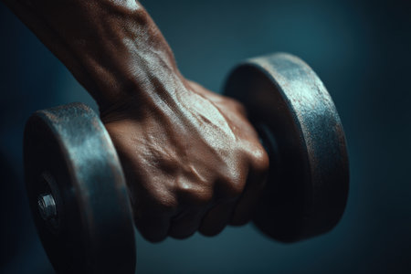 Close-up image of a hand gripping a dumbbell, showcasing perfect form and lighting. Ideal for fitness advertising, emphasizing strength and precision in workout routines.の素材