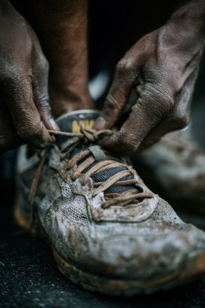 Close-up of a runner tying shoelaces, highlighting the texture of worn shoes and gritty surface. The image captures the essence of preparation with cinematic photo realism.の素材