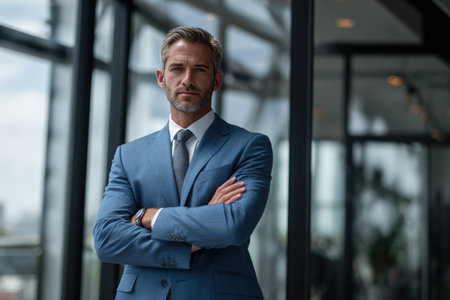 A confident businessman in a blue suit stands with arms crossed in a modern glass office. The soft daylight and professional tone create a cinematic corporate realism.の素材