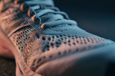 Close-up of a running shoe showcasing detailed texture and design. Cinematic color grading enhances the tension and focus, highlighting the shoe's intricate craftsmanship.の素材