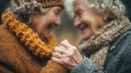 A close-up image of senior friends holding hands and smiling, capturing an emotional connection and warmth. The soft focus enhances the intimate and heartfelt moment shared between them.の素材