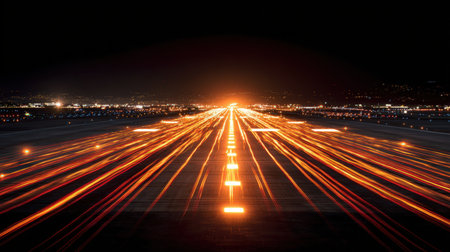 A stunning long exposure photograph capturing a plane taking off at night. The runway is illuminated with glowing markings and vibrant light trails, creating a cinematic effect.の素材