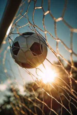 Dynamic sports photo capturing a soccer ball entering the net with vibrant tones and a stunning sunlight flare, creating a cinematic celebration atmosphere.の素材