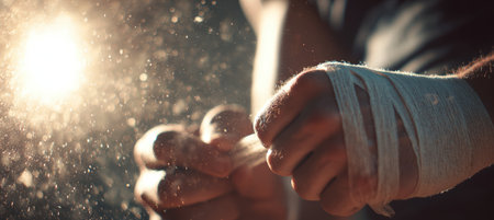 Artistic close-up of hands wrapping tape, illuminated by sunlight flare and surrounded by dust particles, creating a cinematic sports atmosphere.の素材