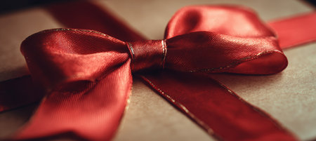 A detailed macro shot of a shiny red bow on a cardboard package, captured in soft warm light with a cinematic depth of field, highlighting the texture and elegance of the ribbon.の素材