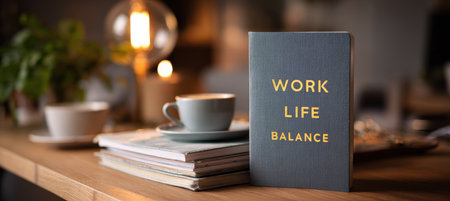 A cozy home office table setup featuring a planner, coffee cup, and a notebook with "WORK LIFE BALANCE" in bold text. Warm ambient lighting creates a relaxing atmosphere.の素材