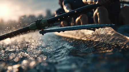 Cinematic close-up of athletes rowing, focusing on oars slicing through water. Captures dynamic motion and teamwork energy, emphasizing the power and coordination in rowing.の素材