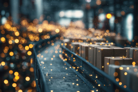 Cinematic overhead shot of a conveyor belt filled with holiday boxes, adorned with golden bokeh lights. The deep focus enhances the festive atmosphere, creating a magical scene.の素材