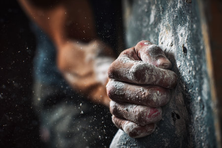 Detailed close-up of an athlete's hands gripping climbing holds, showcasing chalk dust and tension. The image captures the intensity and focus required in rock climbing.の素材