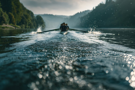 A team of rowers moves in perfect harmony, creating splashes and motion energy on a calm river. The cinematic composition captures the serene landscape and dynamic action.の素材
