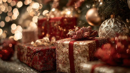 A cozy winter scene featuring a close-up of presents wrapped in red and gold under a Christmas tree. Holiday ornaments sparkle softly, creating a warm and festive atmosphere.の素材