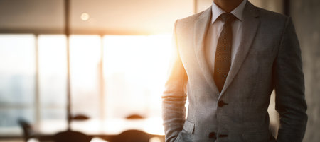 A business executive stands confidently in a tailored suit, illuminated by warm sunlight. The minimalist meeting room background enhances the professional lifestyle realism.の素材