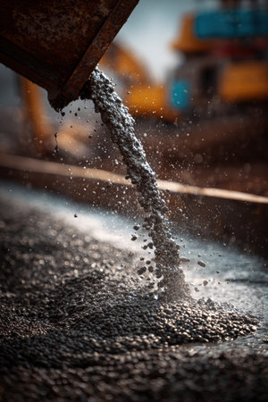 Close-up image of concrete being poured at a construction site, highlighting the vivid contrast between metal, gravel, and water. Captured with cinematic sharpness and realism.の素材