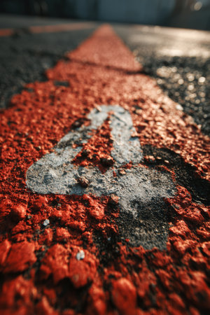 Macro close-up shot of a red track surface highlighting the number 4. The image features sharp contrast and natural light, emphasizing the detailed texture of the track.の素材