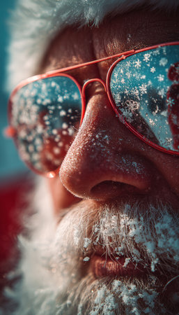 Artistic macro shot of Santa's face wearing red sunglasses reflecting snowflakes. The image contrasts warm and cool colors, symbolizing the blend of winter and summer themes.の素材