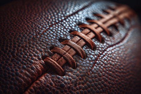 Detailed macro shot showcasing the textured surface of a football with visible seams, highlighted by directional lighting. The artistic composition emphasizes the intricate details.の素材
