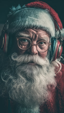 A nostalgic cinematic portrait of Santa Claus listening to holiday music on vintage headphones. The retro color grading enhances the warm, festive, and nostalgic mood of the scene.の素材