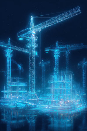 Conceptual image depicting a digital construction process with holographic cranes building smart architecture. The scene is illuminated by a striking blue neon glow.の素材